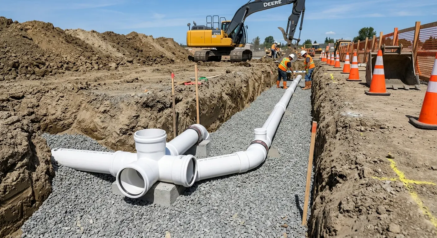 New PVC sewer pipe installation in open trench for Grease Trap Cleaning in Springtown