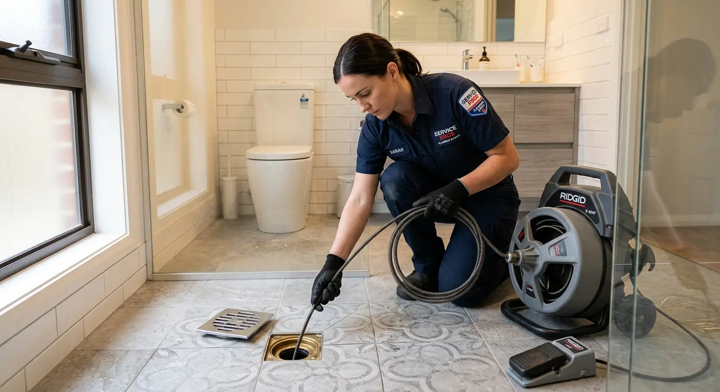Technician clearing a bathroom floor drain for Drain Repair in Springtown
